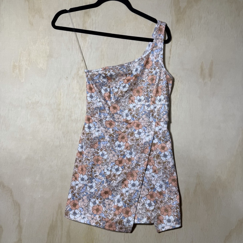 Floral Fate One Shoulder Romper Dress XS Pink Blue Floral Skort USA Boho Cute